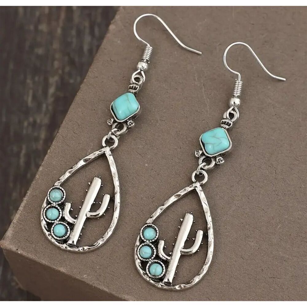 Western Vintage Inspired Teardrop Cactus Earrings Turquoise Boho Hippie Cowgirl - Picture 3 of 5